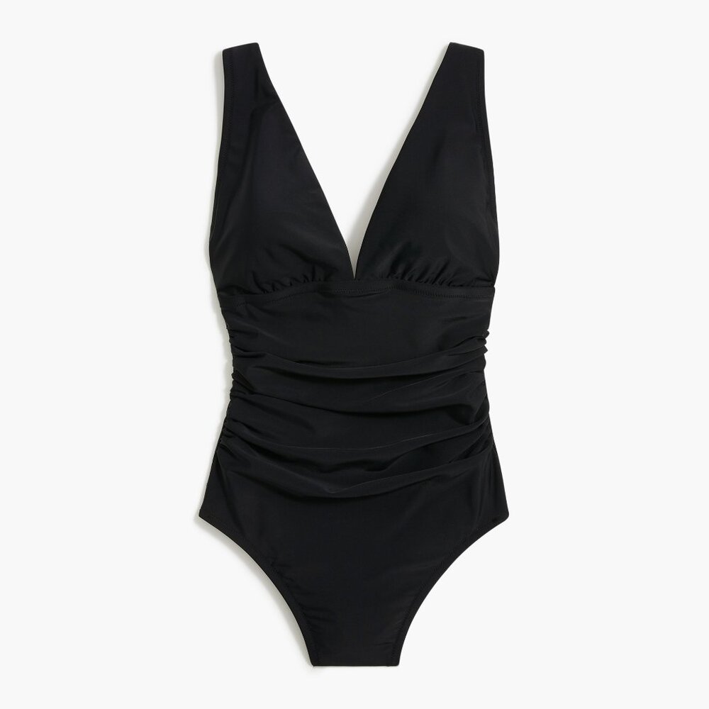 NWT Womens Size XS J. Crew Black V-neck Ruched One-Piece Swimsuit Swim Suit NEW